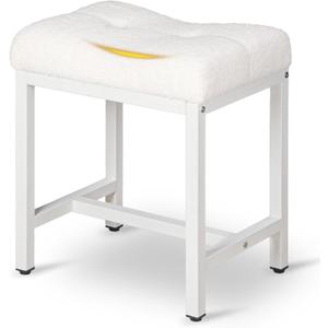 Vanity Stool, Saddle Seat Makeup Stool Chair with Metal Leg, U-Shaped Teddy Velvet Ottoman Foot Rest Stool, Small Square Chairs Under Desk for Vanity, Modern Makeup Bench White