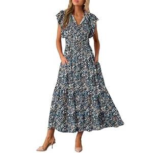BLENCOT Womens Maxi Summer Casual Dresses Cap Short Sleeve V Neck Beach Flowy Fashion Boho Floral Printed Tie Dresses with Pockets P220 M