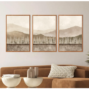 aurlan abstract neutral tan nature landscape wall art set(16”x24”), 3 pieces duotone beige misty mountain framed canvas artwork, large modern pine tree foggy forest wall decor for office bedroom living room