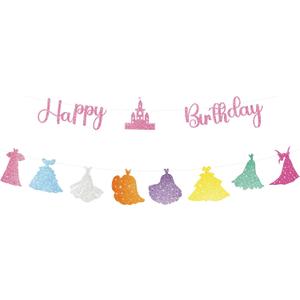Princess Happy Birthday Banner, Pre-Strung Glitter Birthday Garland with Castle Princess Dresses Cutouts for Girls Party & Baby Shower Decorations