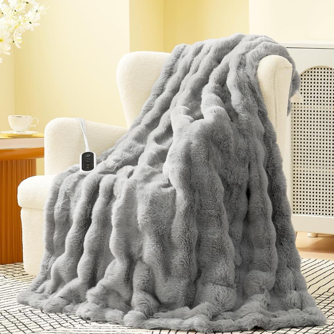 Amlie Home Heated Bubble Faux Fur Blanket Electric - 50"x60" Heating Blanket Throw 2/4/6/8 Hours Auto-Off 8 Heat Level Over-Heat Protection Electric ETL Certification Grey