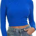 Artfish Women's Round Neck Long Sleeve Knit Ribbed Fitted Crop Top Casual Basic Shirts (Medium, Royal Blue)