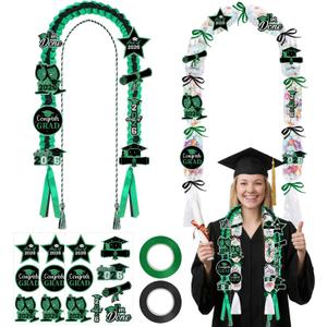 Graduation Decorations Leis 2026 - 16 Pcs Green Black Class Congrats Grad Candy Lei Ribbon Honor Cord Patches Stickers Making Kit Party Gifts Accessories Stuff for High School College Masters