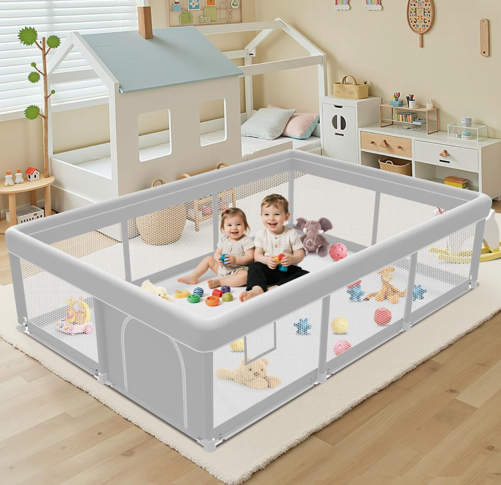 Baby Playpen 74x50 Inch, Playpen for Babies and Toddlers, Play Pen Indoor & Outdoor Active Center, Sturdy Safety Playard with Anti Slip Suction Cups, Skin-Friendly Fabric, Large Space Baby Fence