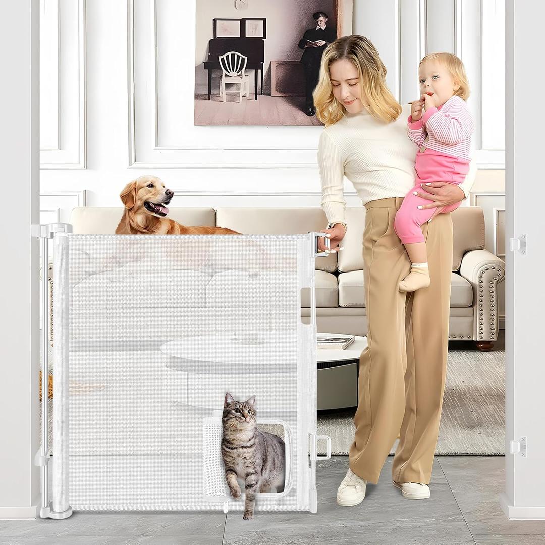 Retractable Baby Gate with Cat Door 55" Wide Retractable Baby Gate for Stairs Mesh Baby Gate with Pet Door Retractable Dog Gate for The House Retractable Pet Gate with Door Safety Gates for Toddlers, White