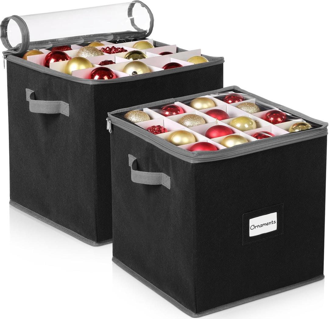 CHENGU 2-pack Christmas Ornament Storage Stores up to 64 Christmas Ball Accessories Holder with Adjustable Dividers, Zippered Closure Two Handles for Holiday Ornaments and Xmas Decorations(Black)