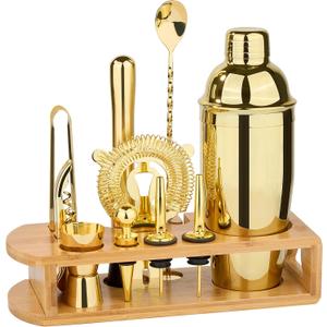 Cocktail Shaker Set Bartender Kit : 12-Piece Bar Tool Set with Bamboo Stand | Bars Set with All Practical Bar Accessories, for Drink Mixing, Bar, Home, Lounge & Party (Gold)