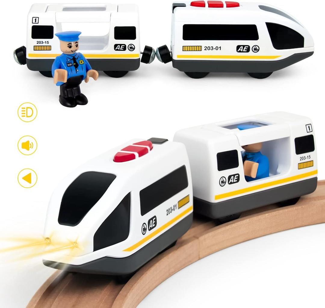 WOOD CITY Battery Operated Train for Wooden Track, Electric Locomotive Train Set with Powerful Engine Compatible with Thomas, Brio, Chuggington, Bullet Car Toys for Toddlers 3 4 5 Year Olds