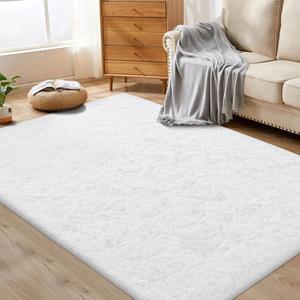 White Rugs for Bedroom: 4x6 Fluffy Shag Soft Washable Rug Fuzzy Plush Indoor Carpet for Living Room Kids Girls Boys Room Nursery Dorm (White, 4'x6')