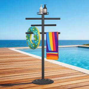 59" Pool Towel Rack Outdoor, Heavy Duty Outdoor Towel Rack, Hot Tub Towel Rack with Tray, 6 Arms Freestanding Swimming Pool Towel Holder with Metal Base for Pool, Backyard, Swimsuits, Drying Towels