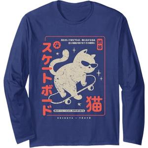 Funny Japanese Cat Skateboard Vintage Kawaii Graphic Long Sleeve T-Shirt