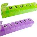 2 Pack Weekly (7-Day) Pill Organizer, 7 Days Pill Case Travel Daily Pill Box Portable Medicine Organizer and Planner with Compartment for Vitamins, Fish Oil, Supplements and Medication (Green&Purple)