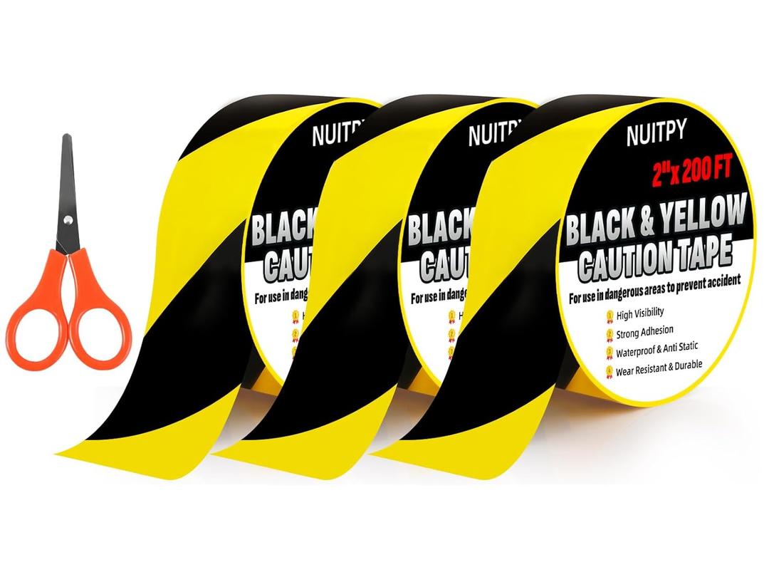 3 Roll Black & Yellow Caution Tape, 2'' x 600 FT Total Length Safety Tape, Black & Yellow Floor Marking Tapes, High Adhesive Hazard Tapes for Floors, Walls, Staircase, Pipes, Equipment, Dangerous Area