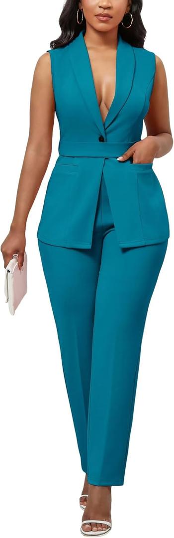 Kafiloe Pant Suits for Women Dressy Belted Sleeveless Vest Blazer Sets 2 Piece Business Casual Outfit (Blue, XL)