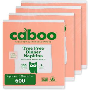 Caboo Tree Free Dinner Napkins - 4 Packs of 150, 600 Total Paper Napkins, Sustainable and Disposable White Napkin (150 Count (Pack of 4))