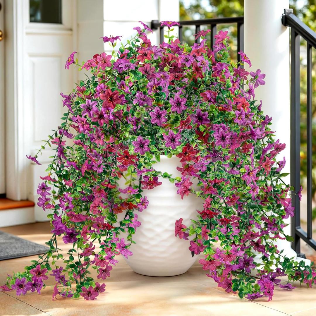 QCQHDU Artificial Hanging Flowers for Outdoors,2Pcs Fake Hanging Plants 29.5 Inch Long for Spring Summer Decoration,UV Resistant Faux Flowers for Patio Porch Garden Yard Decor, Light Purple Red