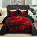 Xruibed Red Quilt Set Queen Size, 3 Pieces Rose Floral Quilt Set Botanical Bedspread with 2 Pillow Shams, Soft Micorfiber Lightweight Flower Coverlet Bedding Set for All Season (90"x96")
