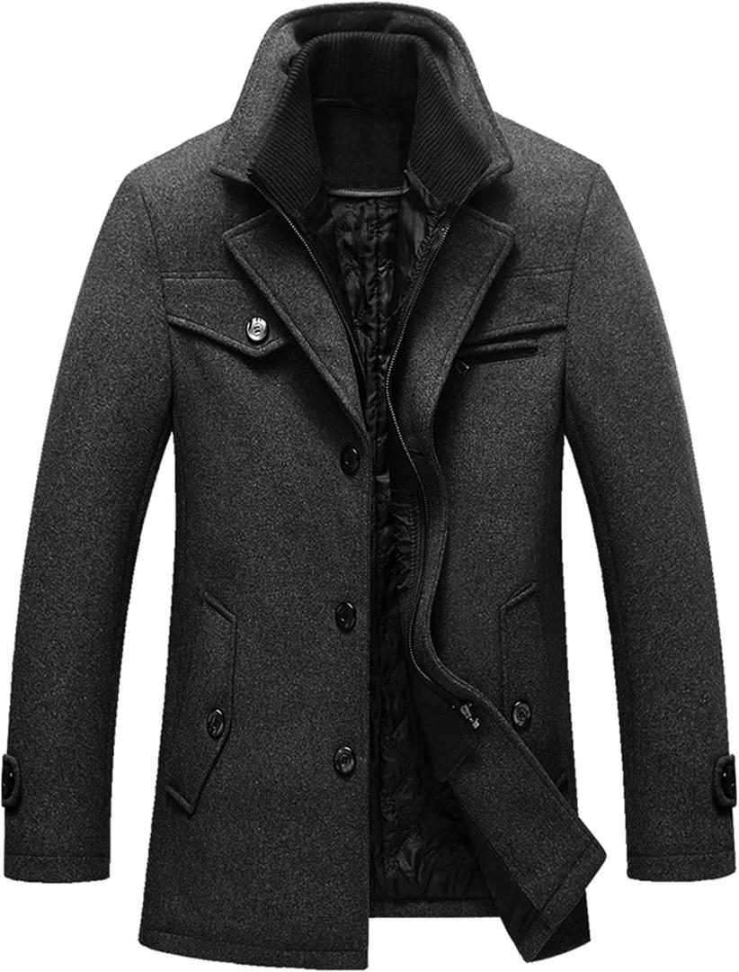 Tebreux Men's Winter Pea Coat Slim Fit Single Breasted Short Wool Jacket Woolen Trench Coat (Gray, XL)