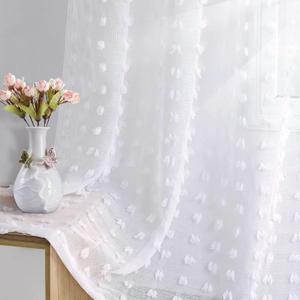 Guken Grommet Pom Pom Sheer Curtains 72 Inch Length 2 Panels for Living Dining Room Textured Curtain for Bedroom Light Filtering Semi Sheer Voile Boho Farmhouse Curtain Panels,White,W52xL72