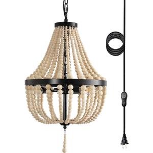 3-Light Plug in Chandelier Dimmable and Timer Mini Wood Beaded Bohemian Pendant Light Fixture with 16.4ft Swag Cord,Black Metal Finish Natural Color Beads,Dining Room,Living Room,Foyer,Bedroom (Plug in-3 Light)