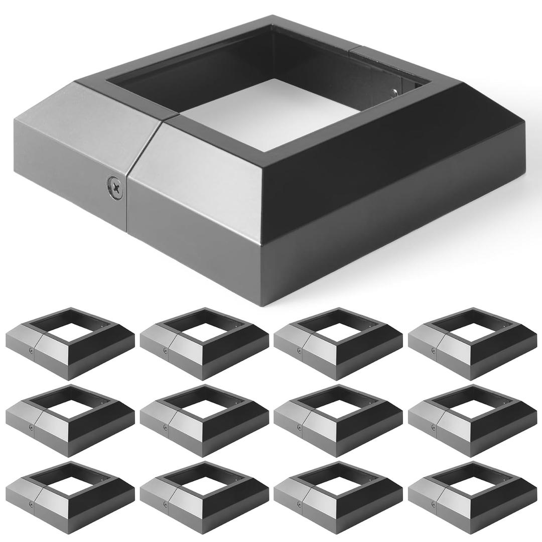 12 pcs 4x4 (Actual: 4"x4") Aluminum Deck Post Base Cover, for Railings, Stairs, Patios, Porches, Split Deck Post Skirt (Black)