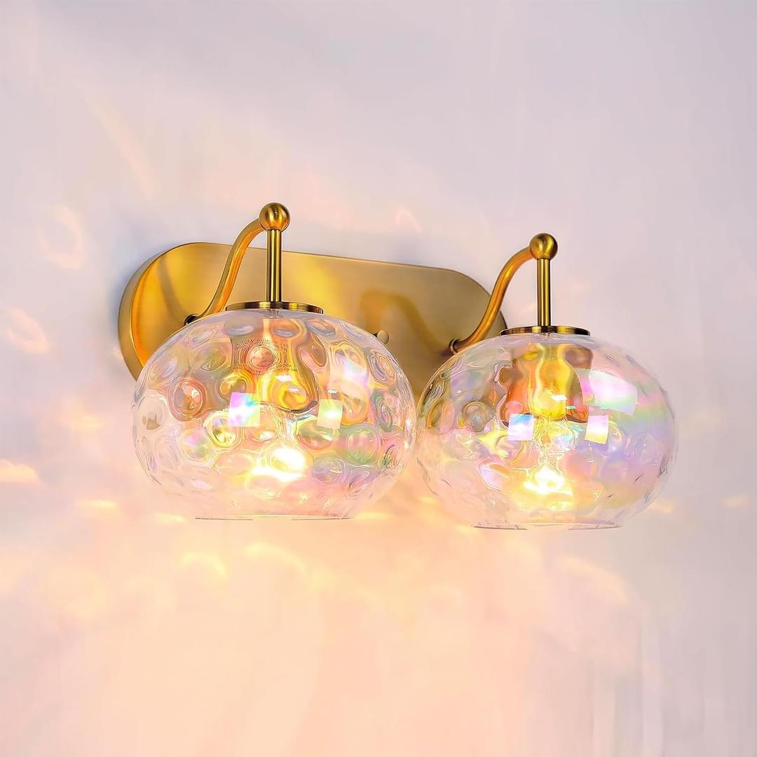 Brushed Gold Vanity Light Stained Hammered Glass Wall Sconce 2-Light Brass Wall Lamp for Hallway Living Room Stairwell Bathroom Over Mirror (Brass Gold, 2-Light)