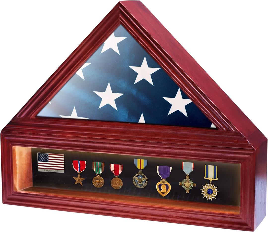 Military Veteran Flag Display Case Shadow Box with Led Lights, 3'x5' American Military Flag Holder with Certificate Document Holder and Military Medal Display Frame Acrylic Covered , Mahogany Finish