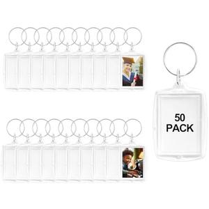 BRT Bearingshui 50pcs Pendant Picture Frame Keyrings, Clear Acrylic Photo Frame Keyring Holder, Make Your Own Personalized Keyring Kit, Rectangle Blank Photo Insert Keychain for DIY Craft