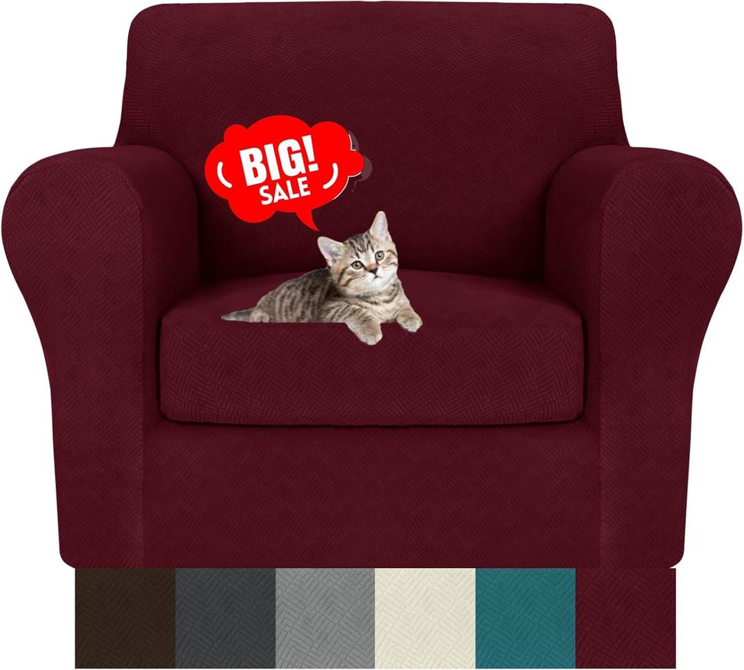 MAXIJIN 2 Piece Chair Covers Chair Slipcover with Arms, Sofa Chair Cover for Living Room Armchair Cover, Stretch Pet Dog Slip Cover for A Chair with 1 Cushion (31"-46", Wine Red)