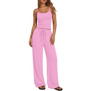 Trendy Queen Women's 2 Piece Lounge Set Summer Outfits - Camisole Top & Wide Leg Pants (Pink, S)