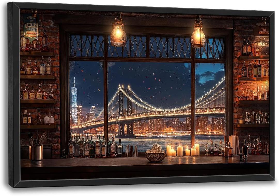 Brooklyn Bridge Large Wall Art for Living Room New York Nighttime Skyline Landscape Framed Pictures Canvas Decor City Prints Painting Extra Large Modern Artwork for Bedroom Office Kitchen 24"x36"