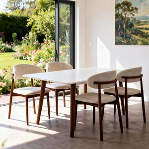 Modern Mid-Century Dining Chairs Set of 2, Cream Upholstered Fabric with Wooden Legs, Kitchen and Living Room Side Chairs, Standard