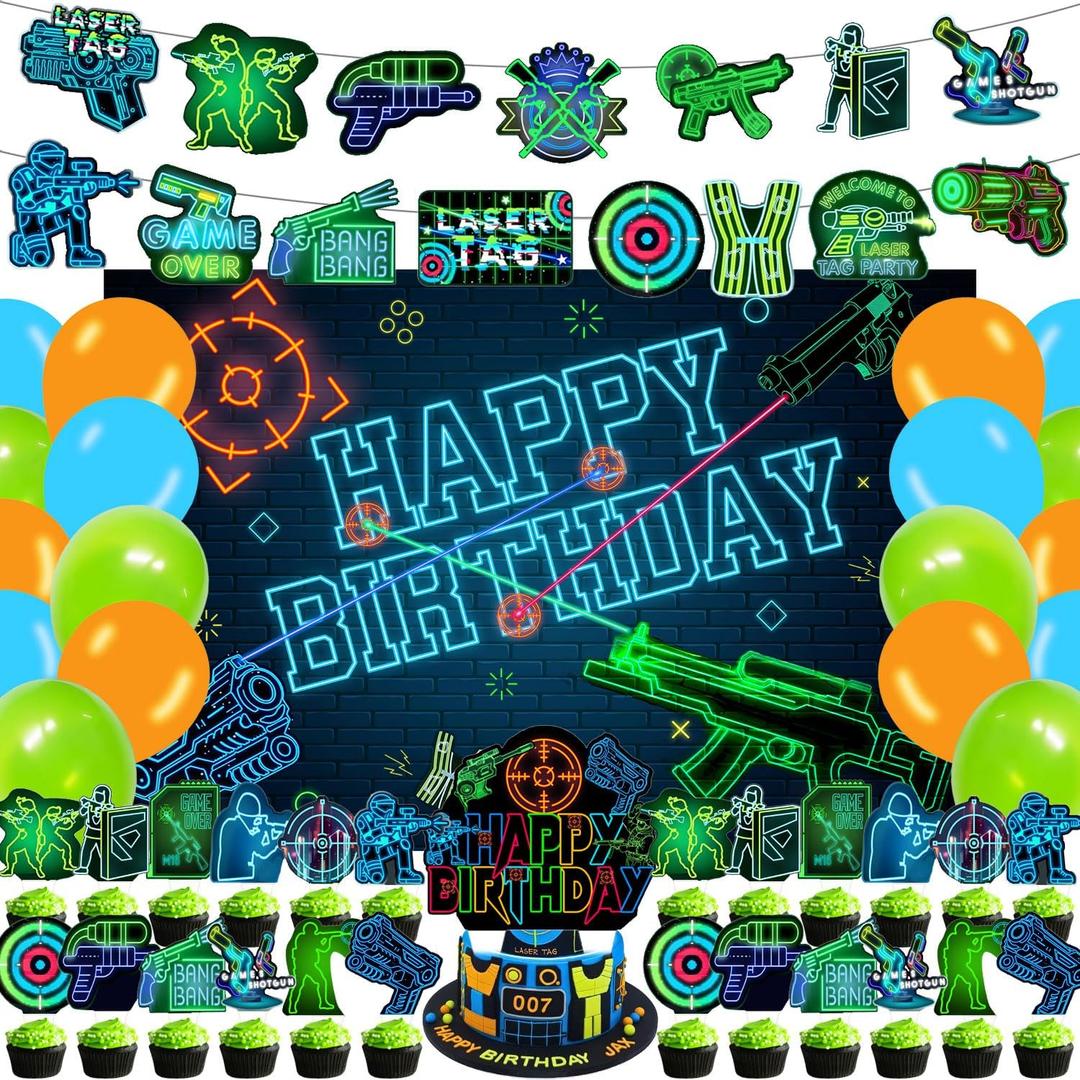 59 Pcs Laser Tag Birthday Party Supplies, Neon Laser Tag Themed Party Decoration Laser Tag Backdrop Balloons Cake Cupcake Topper for Kids Laser Tag Shooting Game Themed Party Decor