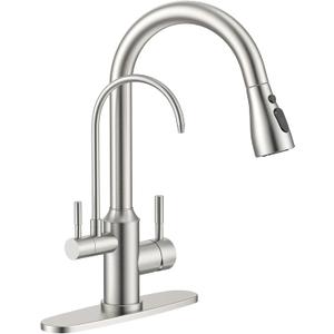 APPASO Kitchen Faucet with Water Filter, CUPC Certified Water Hose, Pull Out 3 Way Sink Faucets with Sprayer, High Arch 2 Handle Faucet - 2 in 1 Faucets Brushed Nickel, Without Filtration Device