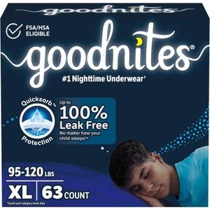 Goodnites Boys' Nighttime Bedwetting Underwear, Size Extra Large (95-140+ lbs), 63 Ct (3 Packs of 21), Packaging May Vary