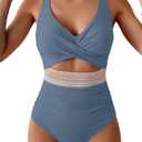 B2prity One Piece Swimsuit for Women Tummy Control V Neck Bathing Suit Color Block High Waisted Cutout Swimwear (Large, Gray Blue)