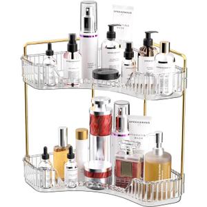 GTI 2 Tier Bathroom Counter Organizer, Multi-Function Corner Bathroom Organizer Countertop,Makeup Organizer Perfume for Dresser Vanity Tray, Spice Rack Organizer for Kitchen Clear, 10" x 10" x 11.7"