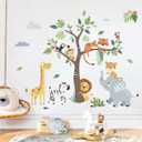 decalmile Jungle Animals Tree Wall Decals Elephant Giraffe Lion Safari Wall Stickers Baby Nursery Kids Bedroom Living Room Wall Decor