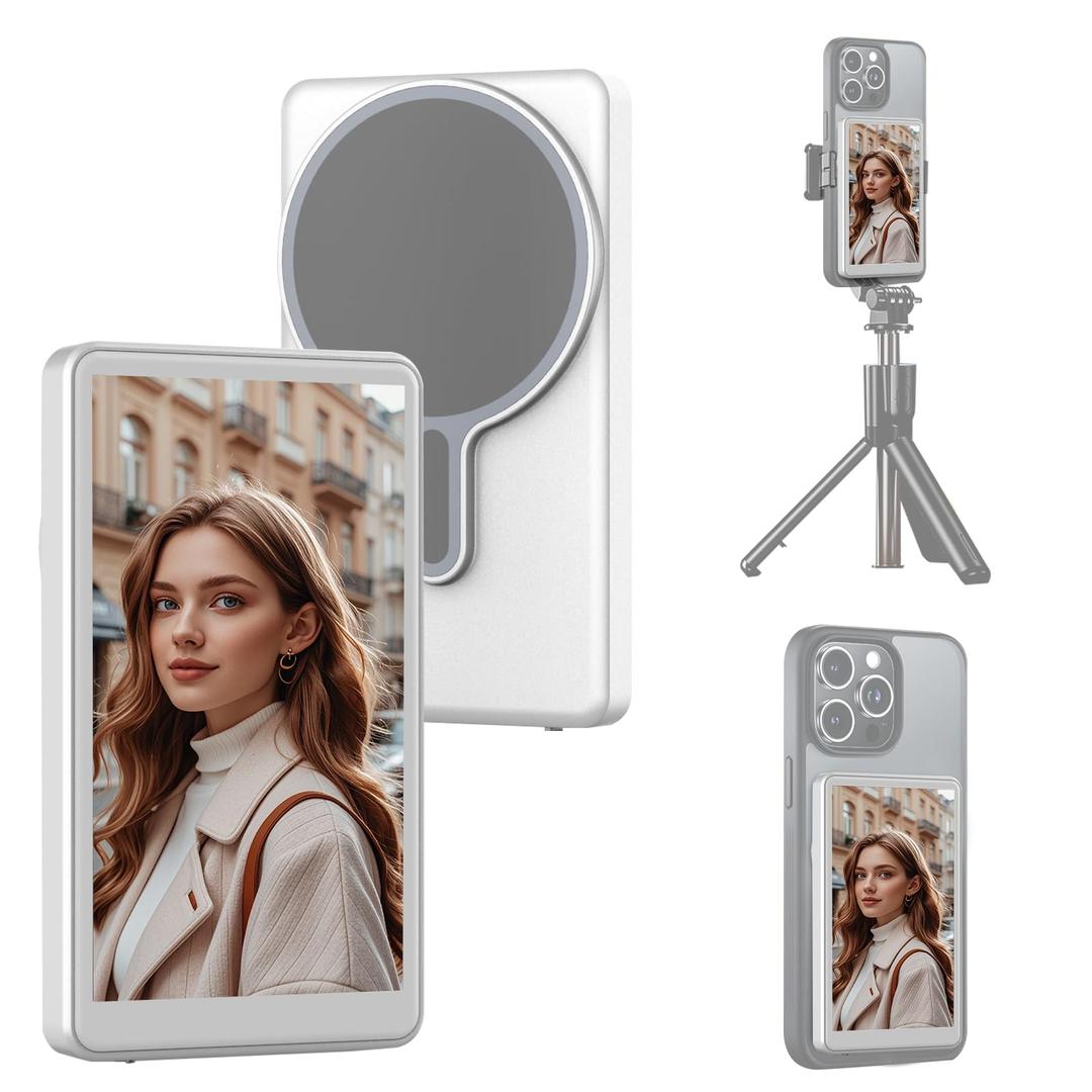 Phone Vlog Selfie Monitor Screen, 1080P Wireless Recording Magnetic Mount, Rear Camera for TikTok, Selfie Vlog, Live Streaming, Compatible with iPhone/Android (White)
