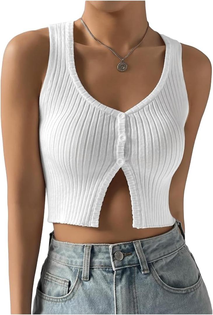 COZYEASE Women's Button Front Ribbed Knit Crop Tank Top Scoop Neck Sleeveless Casual Plain Crop Top (White)