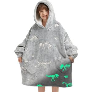 Wearable Blanket Hoodie for Kids Oversized Sherpa Blanket Hoodie for Kids Boys Girls Teens 6-13YR,Glow in The Dark Dinosaur Fossil