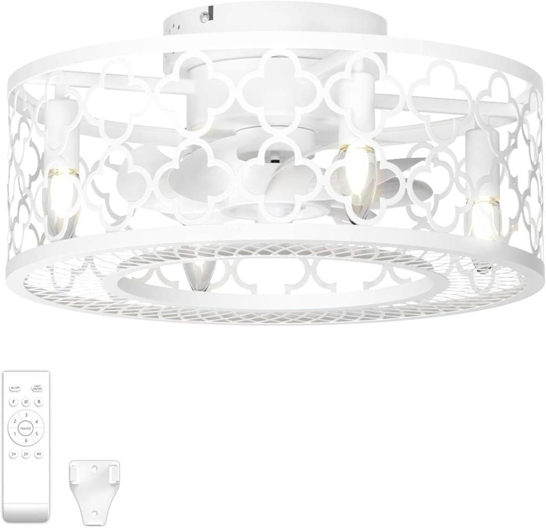 White Caged Ceiling Fans with Lights and Remote Outdoor Enclosed Bladeless 18 Inch Low Profile Flush Mount Fixture Small Fandelier LED Ceiling Fan Light for Kitchen Farmhouse Bedroom