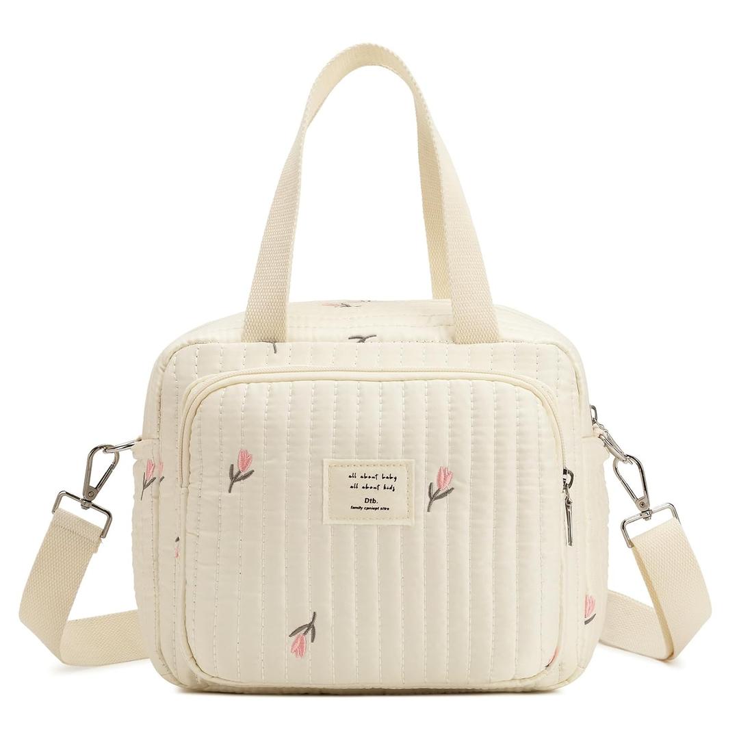 Small Diaper Bag Tote, Crossbody Diaper Bag Mini Purse with 7 Pockets, Travel Baby Bag for boys & Girls, 2 Bottle pocket, Off white