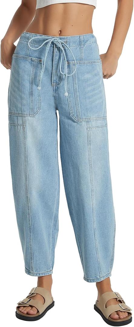 Women's Wide Leg Baggy Jeans Elastic Low Rise Barrel Jean Loose Boyfriend Denim Pants with Drawstring (Medium, Light Blue)