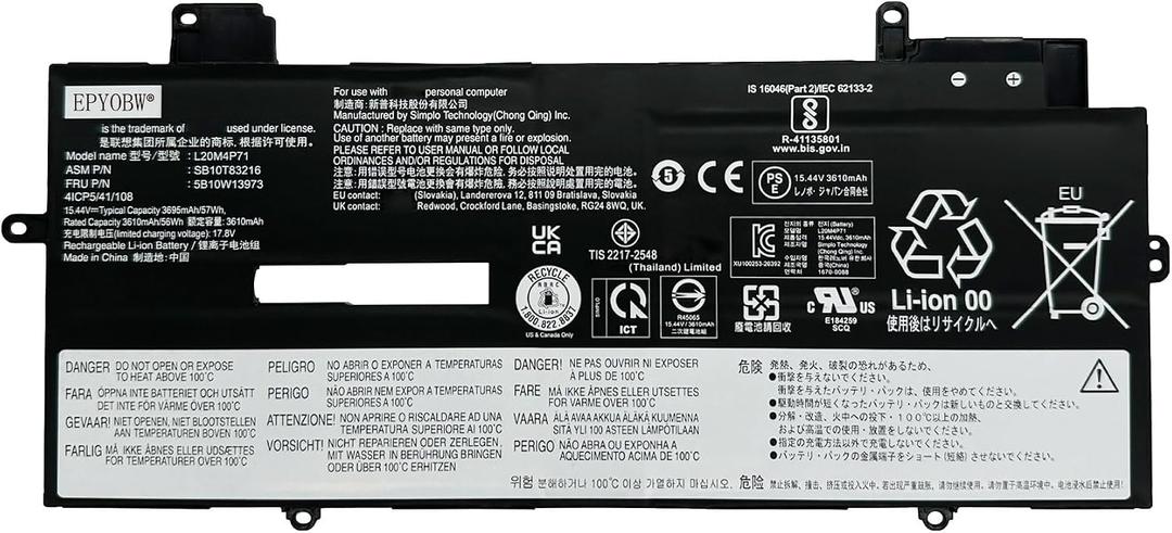 L20M4P71 Laptop Battery 57Wh L20L4P71 L20C4P71 L20D4P71 | Compatible with Lenovo ThinkPad X1 Carbon 9th 10th 11th Gen / X1 Yoga 6th 7th 8th Gen Series SB10T83216 5B10W13973