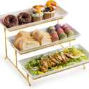 LYEOBOH 3 Tier Serving Stand and Platters Set Large Tiered Serving Platters with Collapsible Sturdier Rack 14 Inches Tiered Serving Tray for Appetizer Fruit, Dessert and Cupcake, White (Gold)