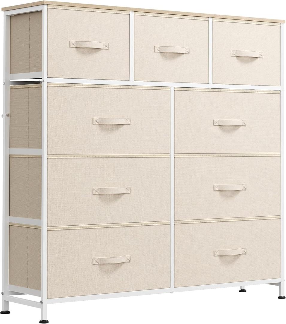 WLIVE 9 Drawer Dresser, Fabric Storage Tower for Bedroom, Hallway, Closet, Tall Chest Organizer Unit for Bedroom with Fabric Bins, Steel Frame, Wood Top, Easy Pull Handle, Cream White