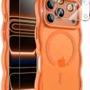 3 in 1 Magnetic for iPhone 17 Pro Max Case for Women Girls,1X Screen Protector+1X Camera Lens Protector,Compatible with MagSafe,Translucent Matte,Cute Cat-ear Wavy Phone Case,6.9",Bright Orange