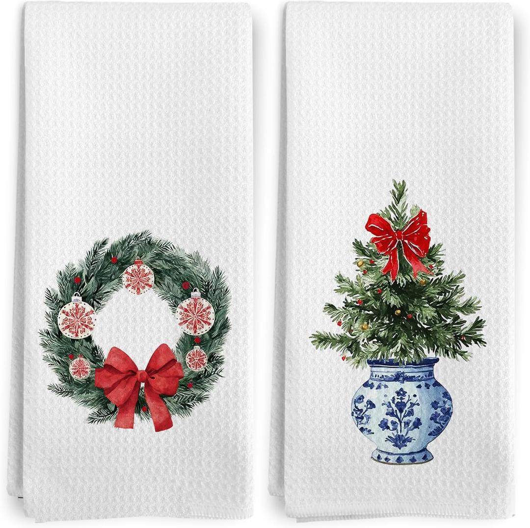 Chinoiserie Christmas Kitchen Towels, Blue and White Tree Bow Dish Tea Towels for Kitchen, Coquette Christmas Xmas Holiday Decorative Hand Towels for Bathroom Decor, 16X24 Inch Set of 2