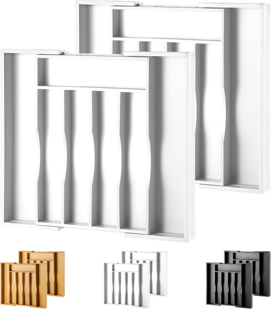 2-Piece Bamboo Silverware Organizer, Expandable Kitchen Drawer Organizer for Cutlery and Utensils, Multifunction Adjustable Bamboo Wood Cutlery Tray in Drawer for Flatware, (White)